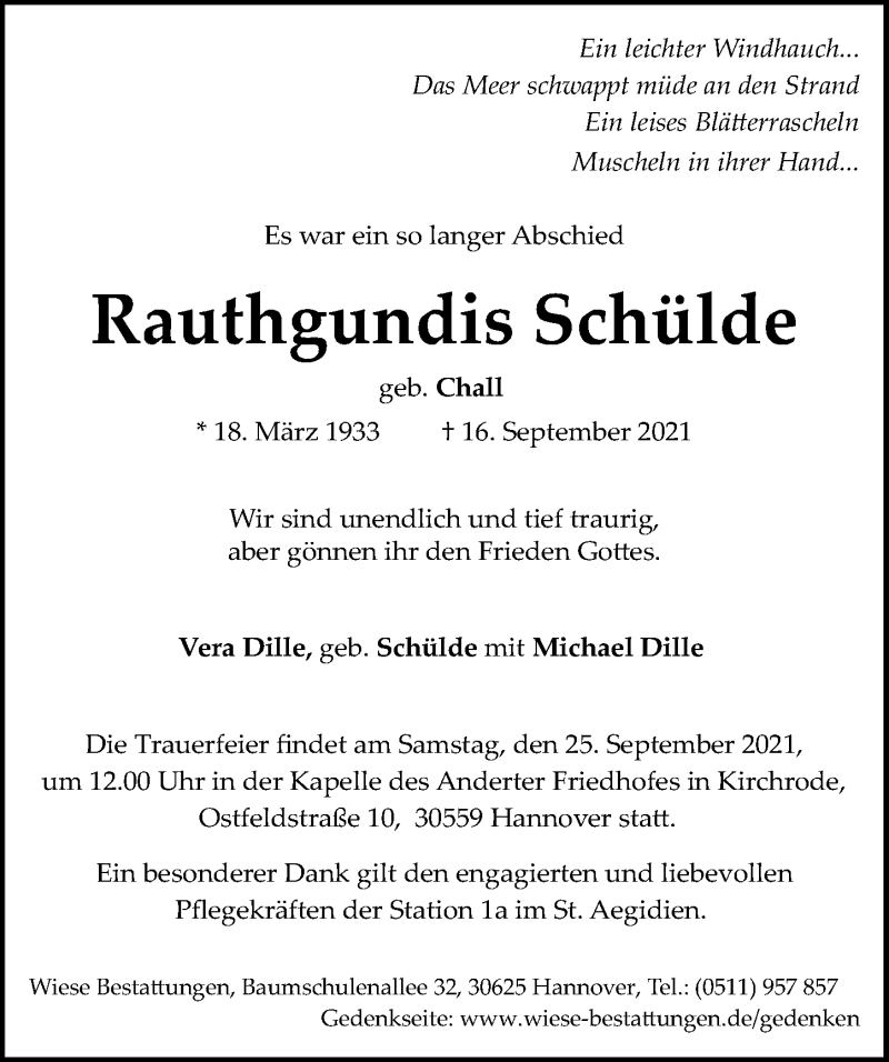  Traueranzeige für Rauthgundis Schülde vom 25.09.2021 aus Hannoversche Allgemeine Zeitung/Neue Presse