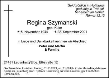 Traueranzeige von Regina Szymanski von Lübecker Nachrichten