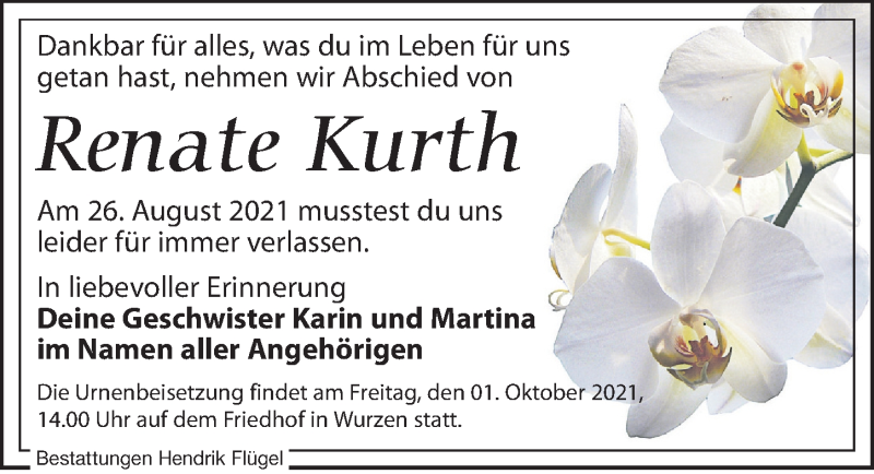  Traueranzeige für Renate Kurth vom 25.09.2021 aus Leipziger Volkszeitung