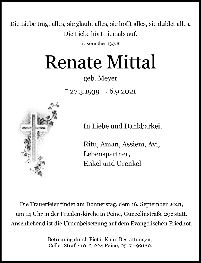  Traueranzeige für Renate Mittal vom 11.09.2021 aus Peiner Allgemeine Zeitung