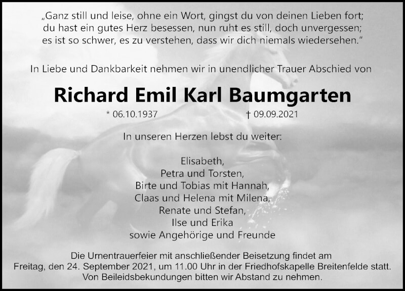  Traueranzeige für Richard Emil Karl Baumgarten vom 18.09.2021 aus Lübecker Nachrichten