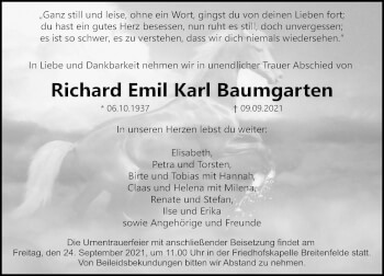 Traueranzeige von Richard Emil Karl Baumgarten von Lübecker Nachrichten