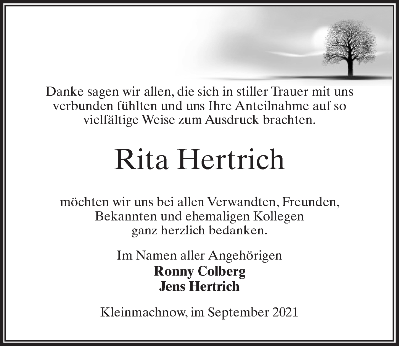 Traueranzeige für Rita Hertrich vom 11.09.2021 aus Märkischen Allgemeine Zeitung