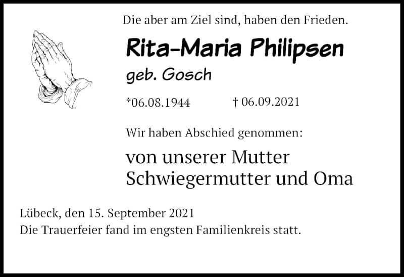  Traueranzeige für Rita-Maria Philipsen vom 19.09.2021 aus Lübecker Nachrichten