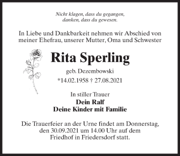 Traueranzeige von Rita Sperling von Märkischen Allgemeine Zeitung