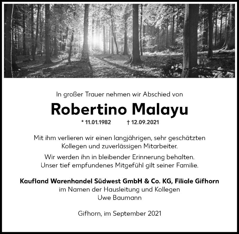  Traueranzeige für Robertino Malayu vom 25.09.2021 aus Hannoversche Allgemeine Zeitung/Neue Presse