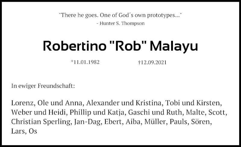  Traueranzeige für Robertino Malayu vom 18.09.2021 aus Aller Zeitung