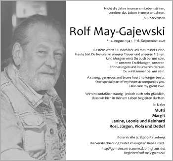 Traueranzeige von Rolf May-Gajewski von Lübecker Nachrichten