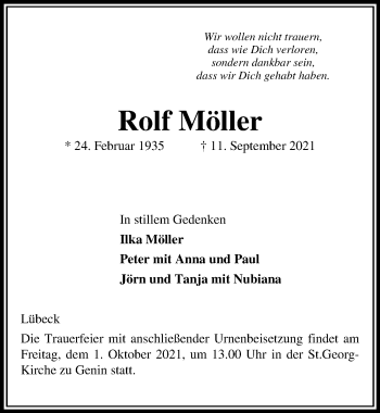 Traueranzeige von Rolf Möller von Lübecker Nachrichten