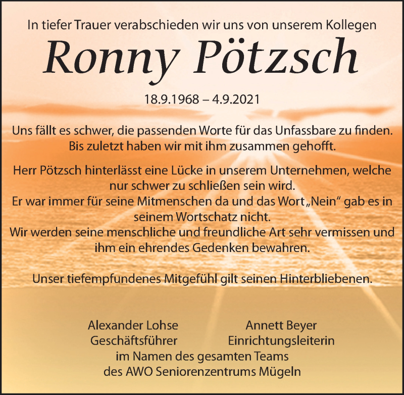  Traueranzeige für Ronny Pötzsch vom 11.09.2021 aus Leipziger Volkszeitung