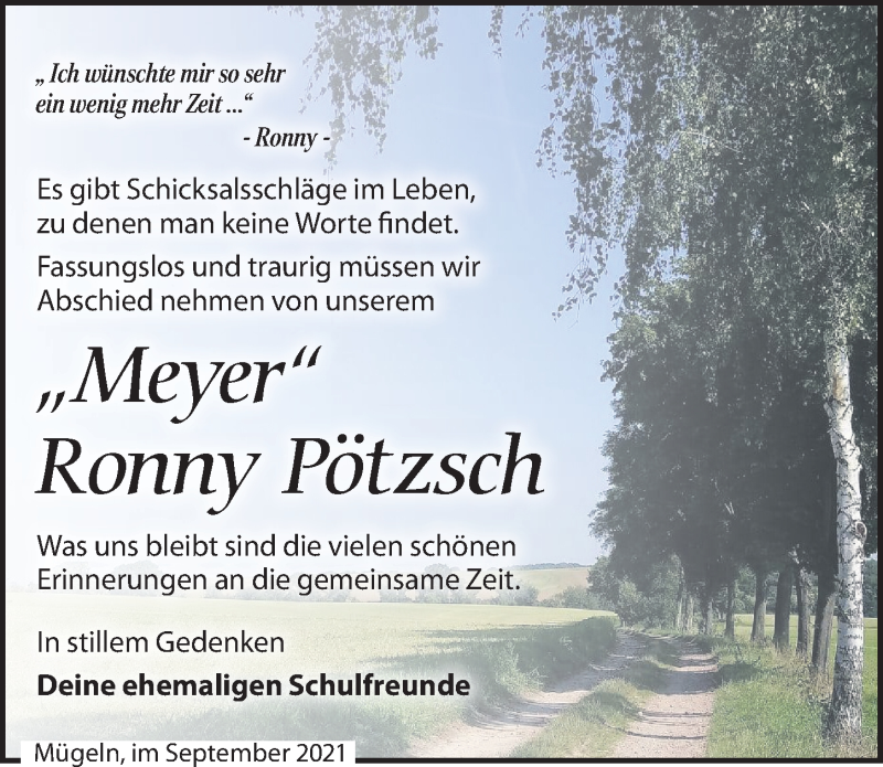  Traueranzeige für Ronny Pötzsch vom 11.09.2021 aus Leipziger Volkszeitung