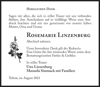 Traueranzeige von Rosemarie Linzenburg von Märkischen Allgemeine Zeitung