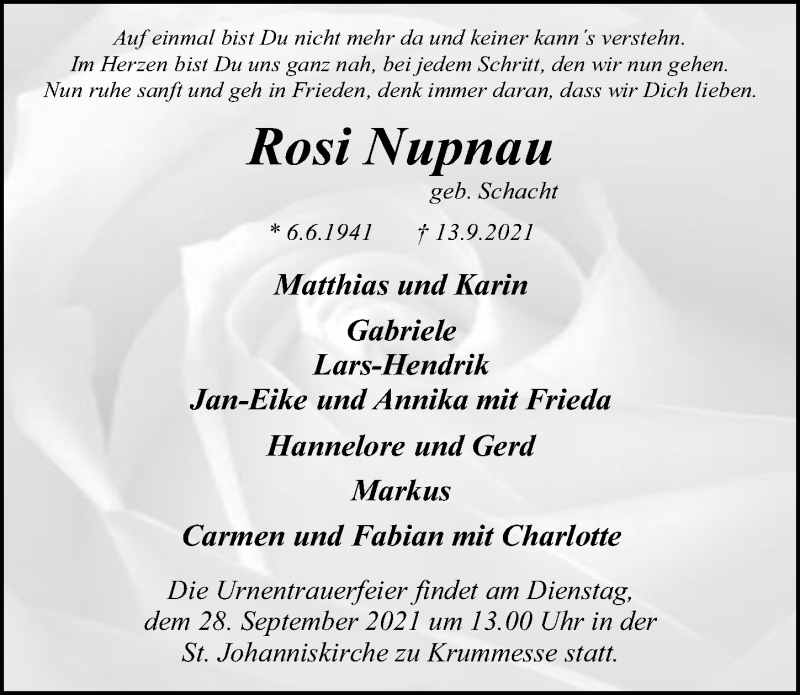  Traueranzeige für Rosi Nupnau vom 26.09.2021 aus Lübecker Nachrichten