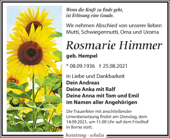 Traueranzeige von Rosmarie Himmer von Leipziger Volkszeitung