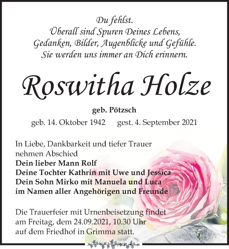  Traueranzeige für Roswitha Holze vom 11.09.2021 aus Leipziger Volkszeitung