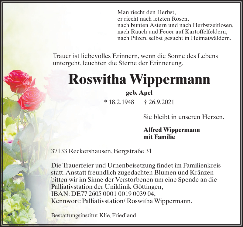  Traueranzeige für Roswitha Wippermann vom 28.09.2021 aus Göttinger Tageblatt