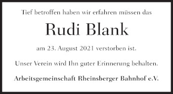 Traueranzeige von Rudi Blank von Märkischen Allgemeine Zeitung
