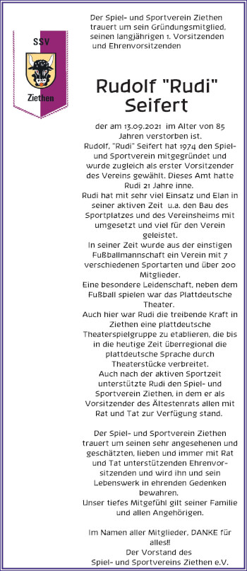 Traueranzeige von Rudolf Seifert von Lübecker Nachrichten