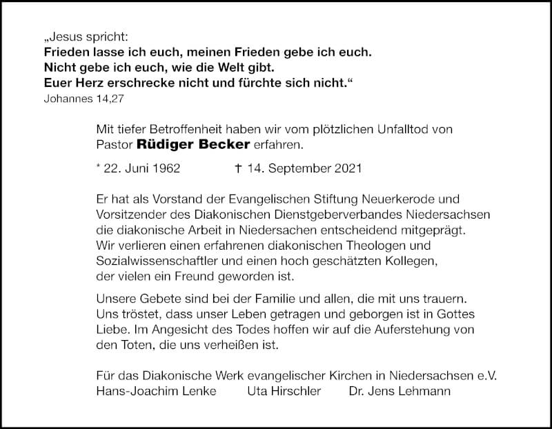  Traueranzeige für Rüdiger Becker vom 20.09.2021 aus Hannoversche Allgemeine Zeitung/Neue Presse