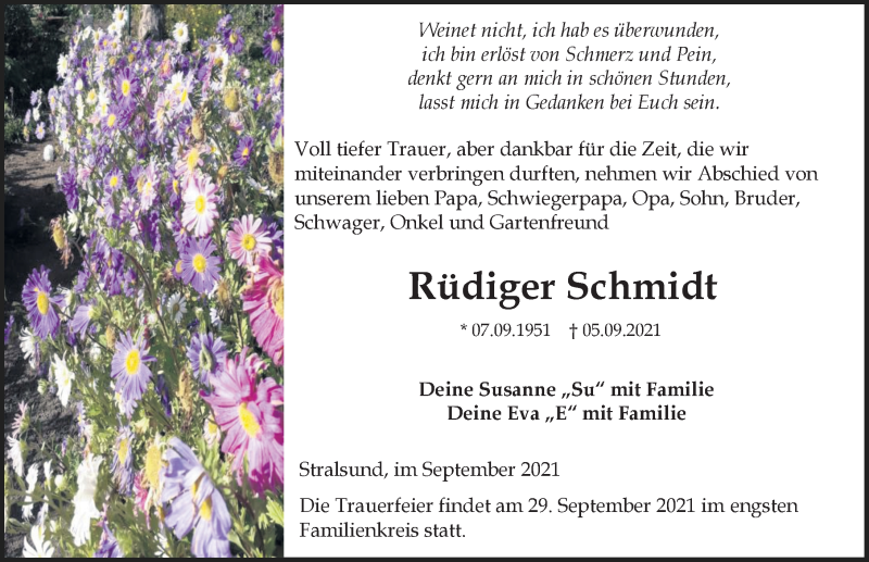 Traueranzeige für Rüdiger Schmidt vom 11.09.2021 aus Ostsee-Zeitung GmbH