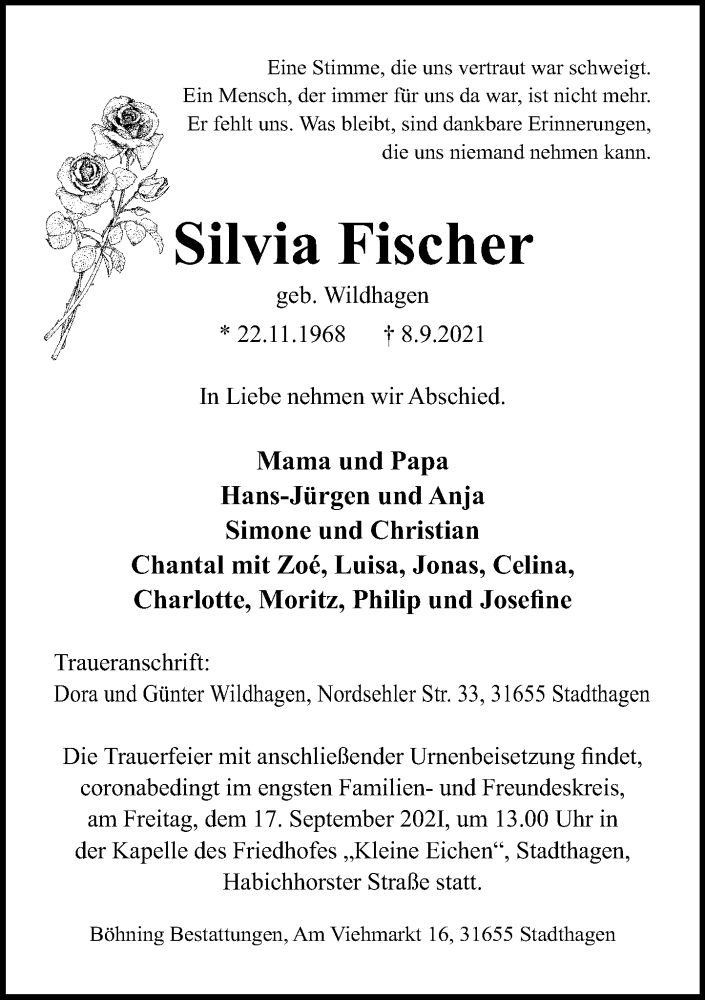  Traueranzeige für Silvia Fischer vom 11.09.2021 aus Schaumburger Nachrichten