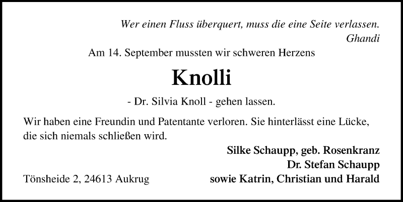  Traueranzeige für Silvia Knoll vom 25.09.2021 aus Lübecker Nachrichten
