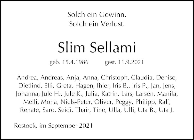  Traueranzeige für Slim Sellami vom 18.09.2021 aus Ostsee-Zeitung GmbH