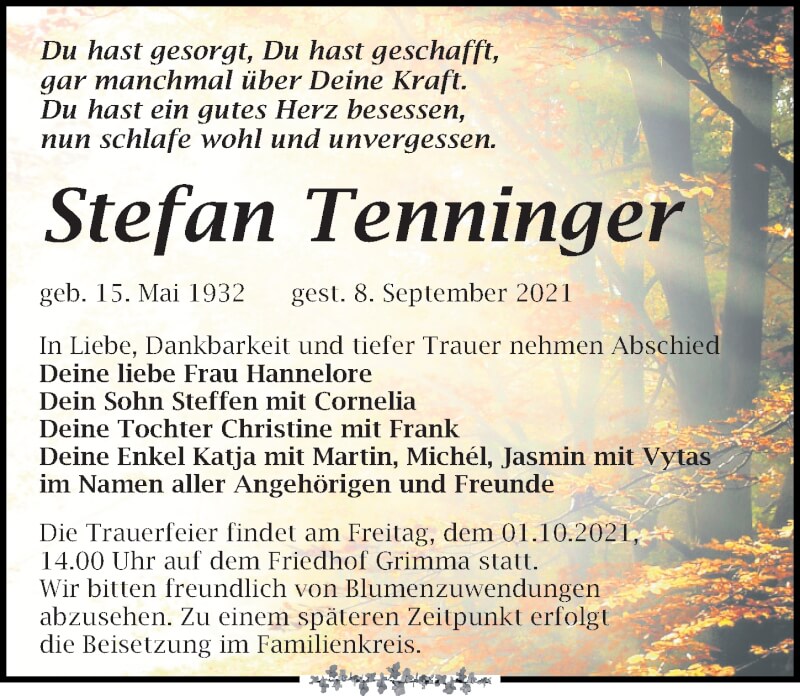  Traueranzeige für Stefan Tenninger vom 18.09.2021 aus Leipziger Volkszeitung