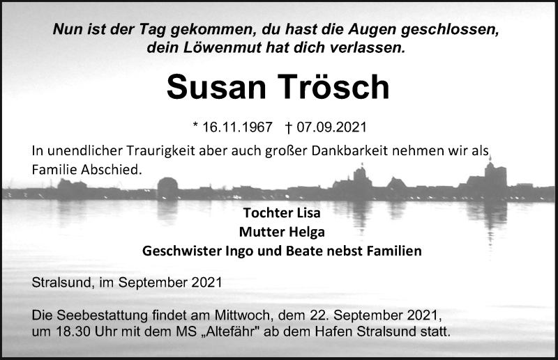  Traueranzeige für Susan Trösch vom 11.09.2021 aus Ostsee-Zeitung GmbH