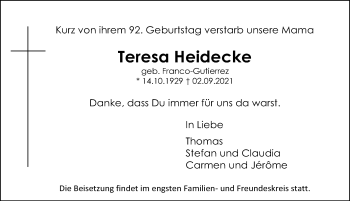 Traueranzeige von Teresa Heidecke von Hannoversche Allgemeine Zeitung/Neue Presse