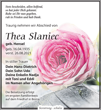 Traueranzeige von Thea Slaniec von Leipziger Volkszeitung