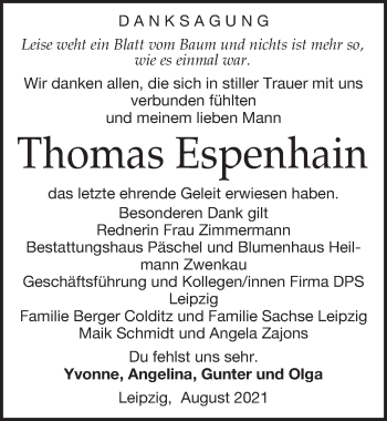 Traueranzeige von Thomas Espenhain von Leipziger Volkszeitung