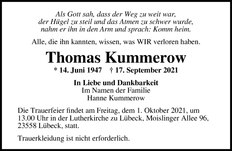  Traueranzeige für Thomas Kummerow vom 26.09.2021 aus Lübecker Nachrichten