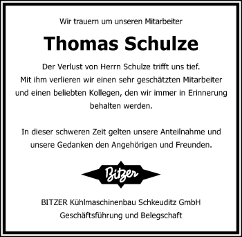 Traueranzeige von Thomas Schulze von Leipziger Volkszeitung