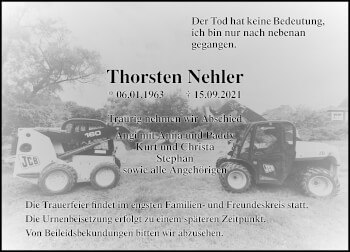 Traueranzeige von Thorsten Nehler von Ostsee-Zeitung GmbH