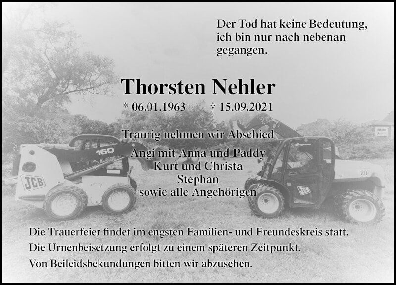  Traueranzeige für Thorsten Nehler vom 20.09.2021 aus Ostsee-Zeitung GmbH