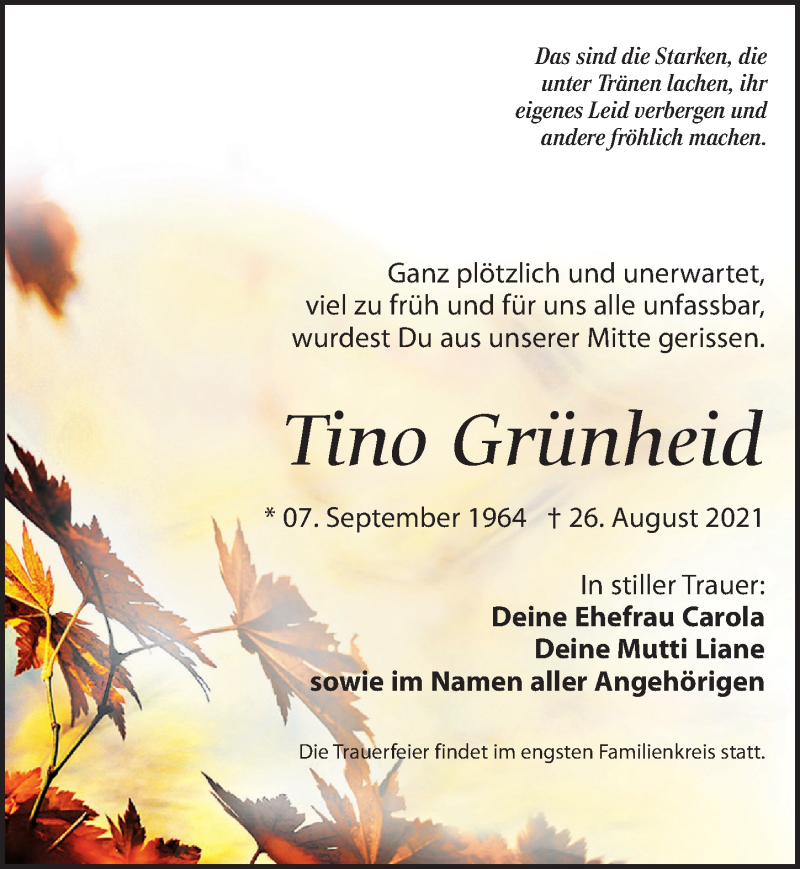  Traueranzeige für Tino Grünheid vom 02.09.2021 aus Leipziger Volkszeitung