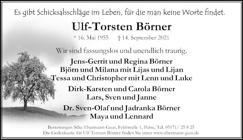  Traueranzeige für Ulf-Torsten Börner vom 18.09.2021 aus Peiner Allgemeine Zeitung