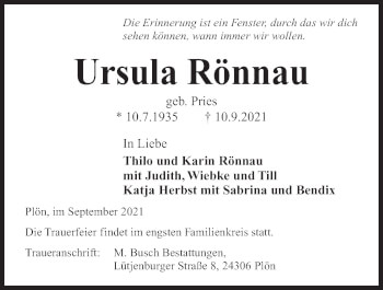 Traueranzeige von Ursula Rönnau von Kieler Nachrichten