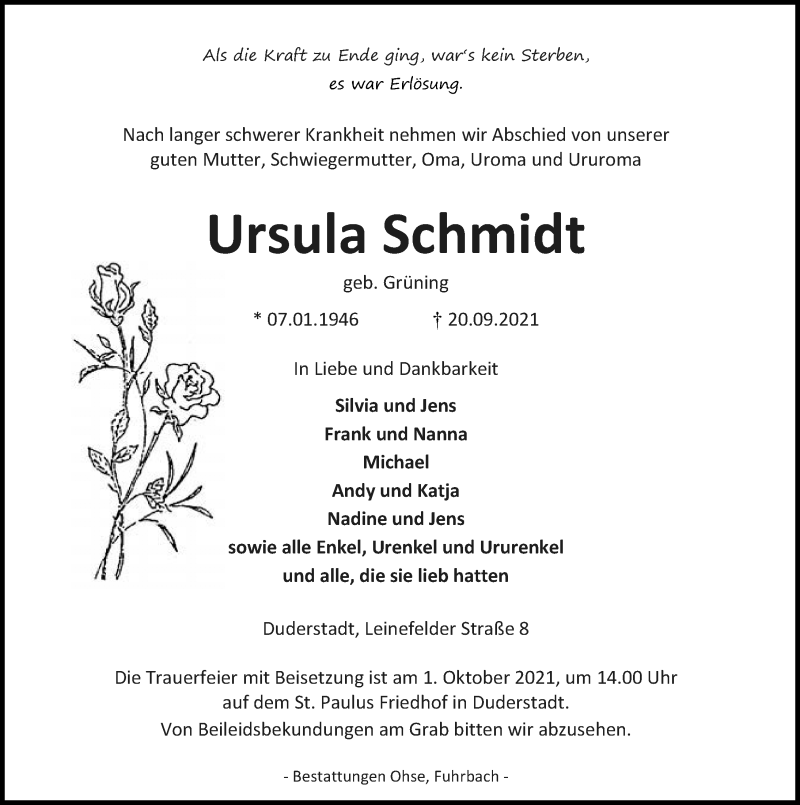  Traueranzeige für Ursula Schmidt vom 25.09.2021 aus Eichsfelder Tageblatt