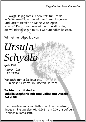 Traueranzeige von Ursula Schydlo von Leipziger Volkszeitung