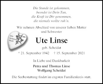 Traueranzeige von Ute Linse von Lübecker Nachrichten
