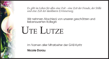 Traueranzeige von Ute Lutze von Märkischen Allgemeine Zeitung