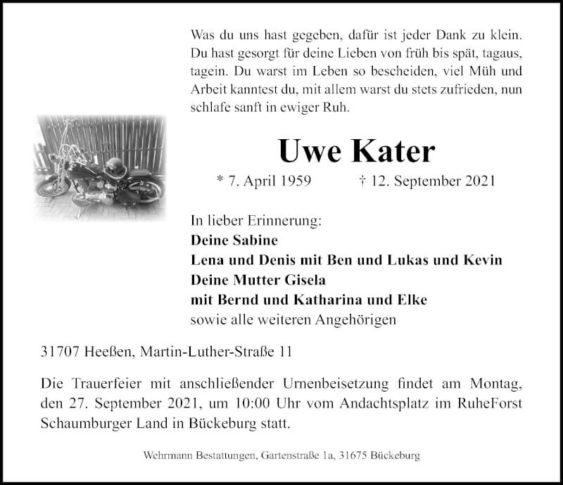  Traueranzeige für Uwe Kater vom 18.09.2021 aus Schaumburger Nachrichten