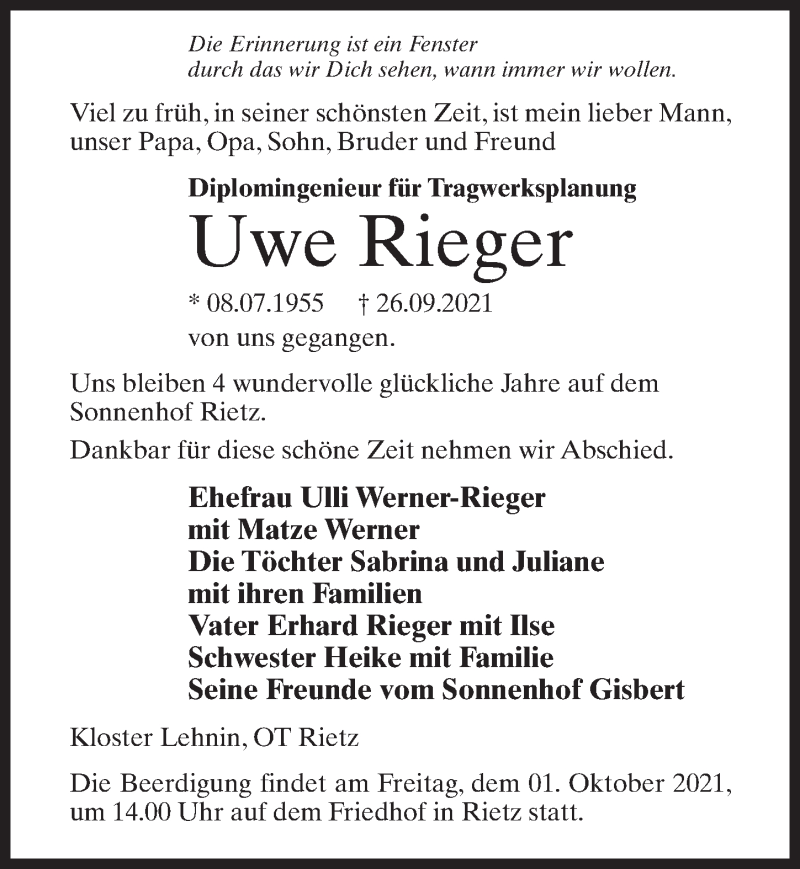  Traueranzeige für Uwe Rieger vom 29.09.2021 aus Märkischen Allgemeine Zeitung