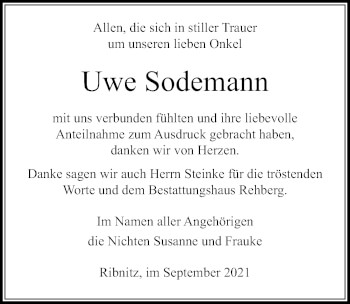 Traueranzeige von Uwe Sodemann von Ostsee-Zeitung GmbH