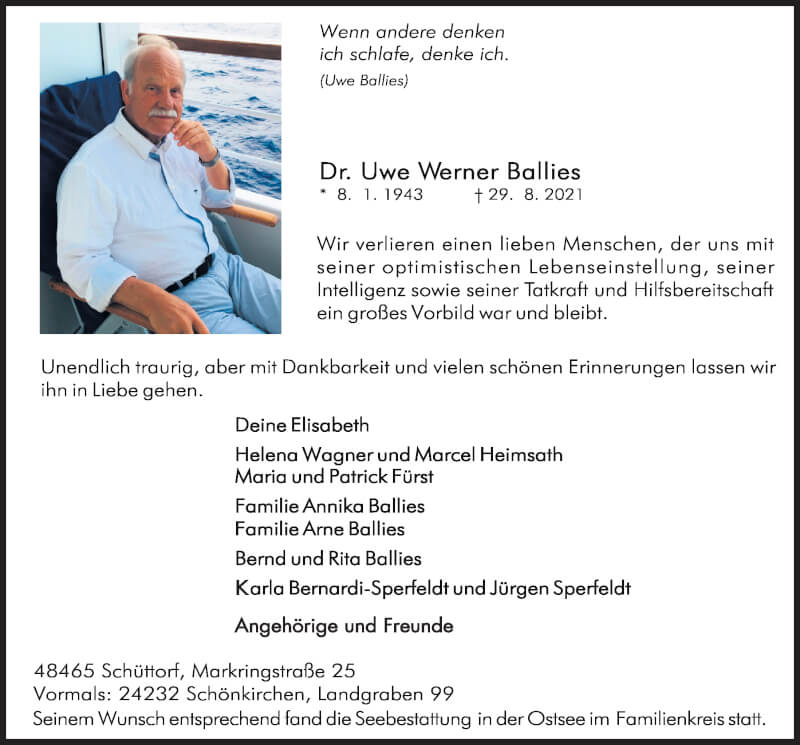  Traueranzeige für Uwe Werner Ballies vom 18.09.2021 aus Kieler Nachrichten