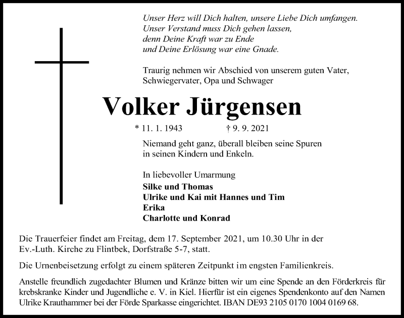  Traueranzeige für Volker Jürgensen vom 11.09.2021 aus Kieler Nachrichten