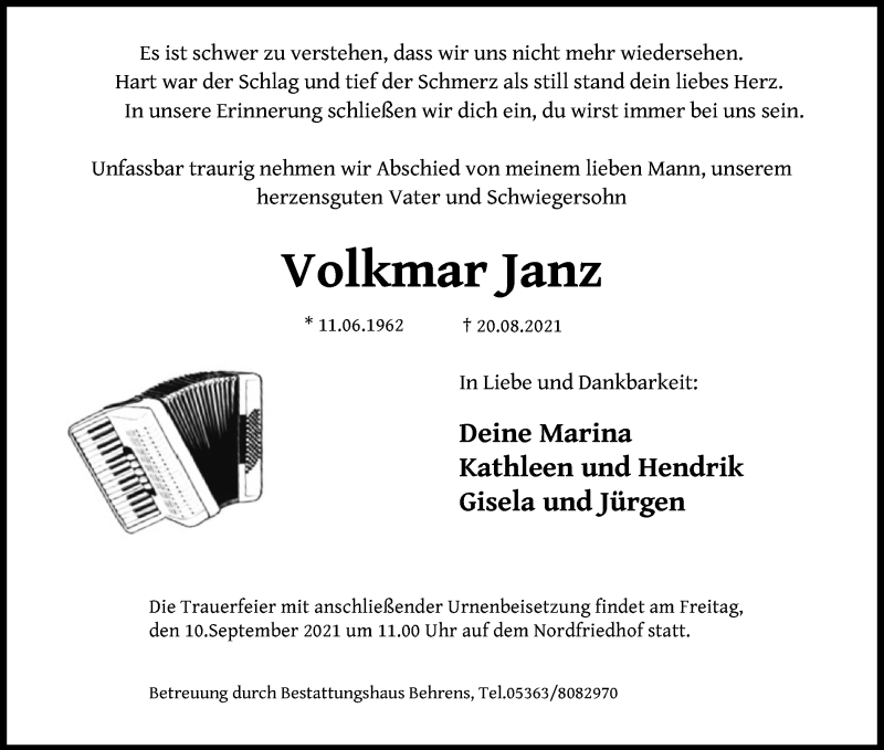  Traueranzeige für Volkmar Janz vom 03.09.2021 aus Aller Zeitung