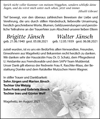 Traueranzeige von Walter Jänsch von Leipziger Volkszeitung